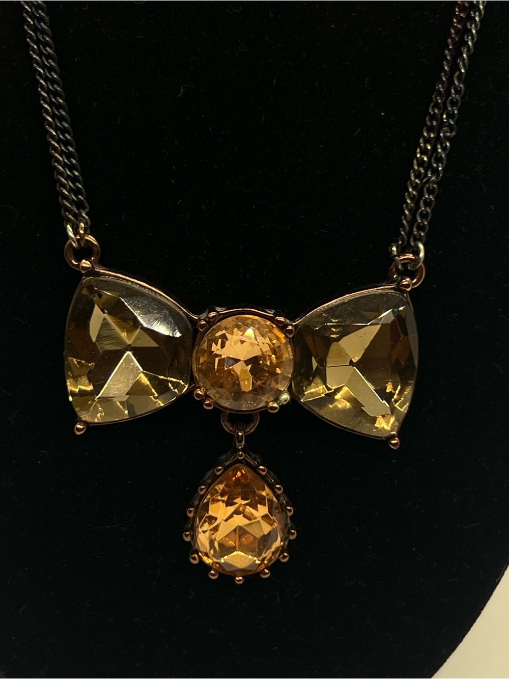 Betsey Johnson Statement Bow Necklace Amber Color Rhinestones Dark Double Chain